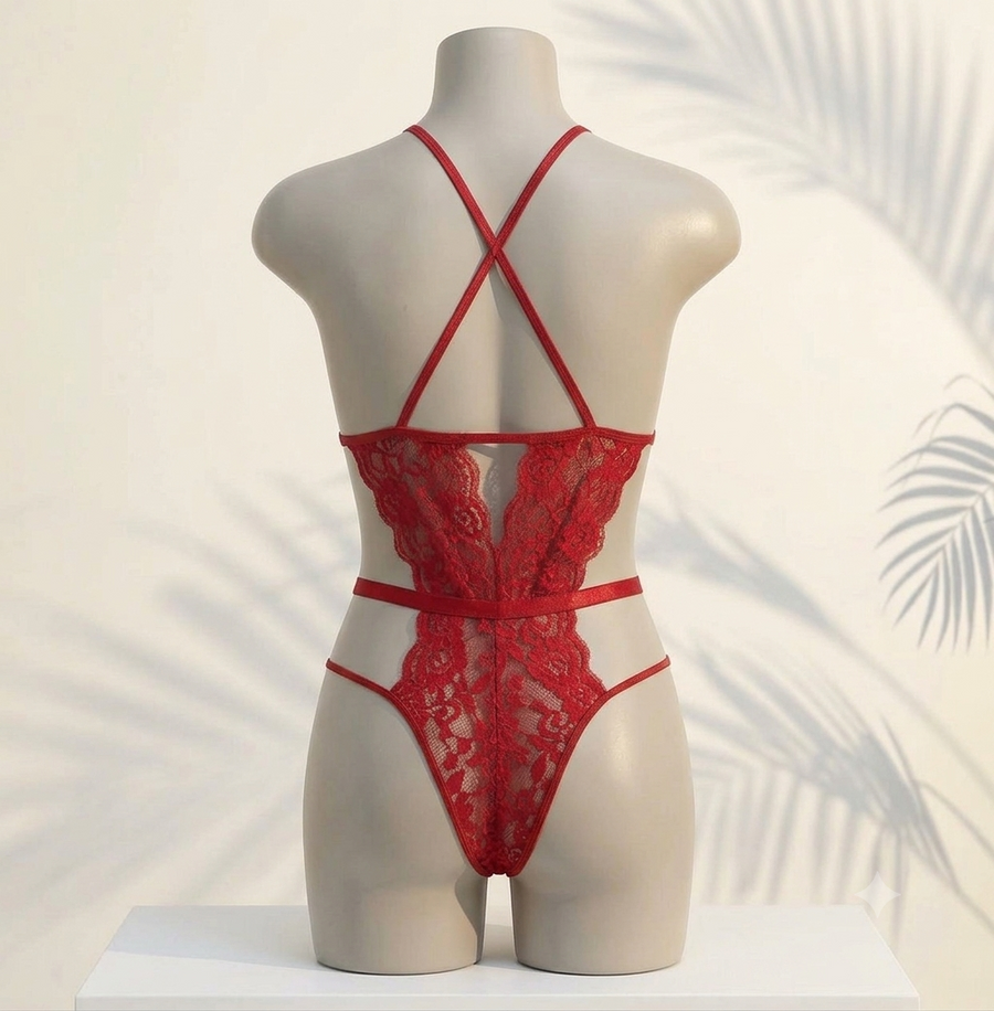 Lace Plunge Teddy - Red Back