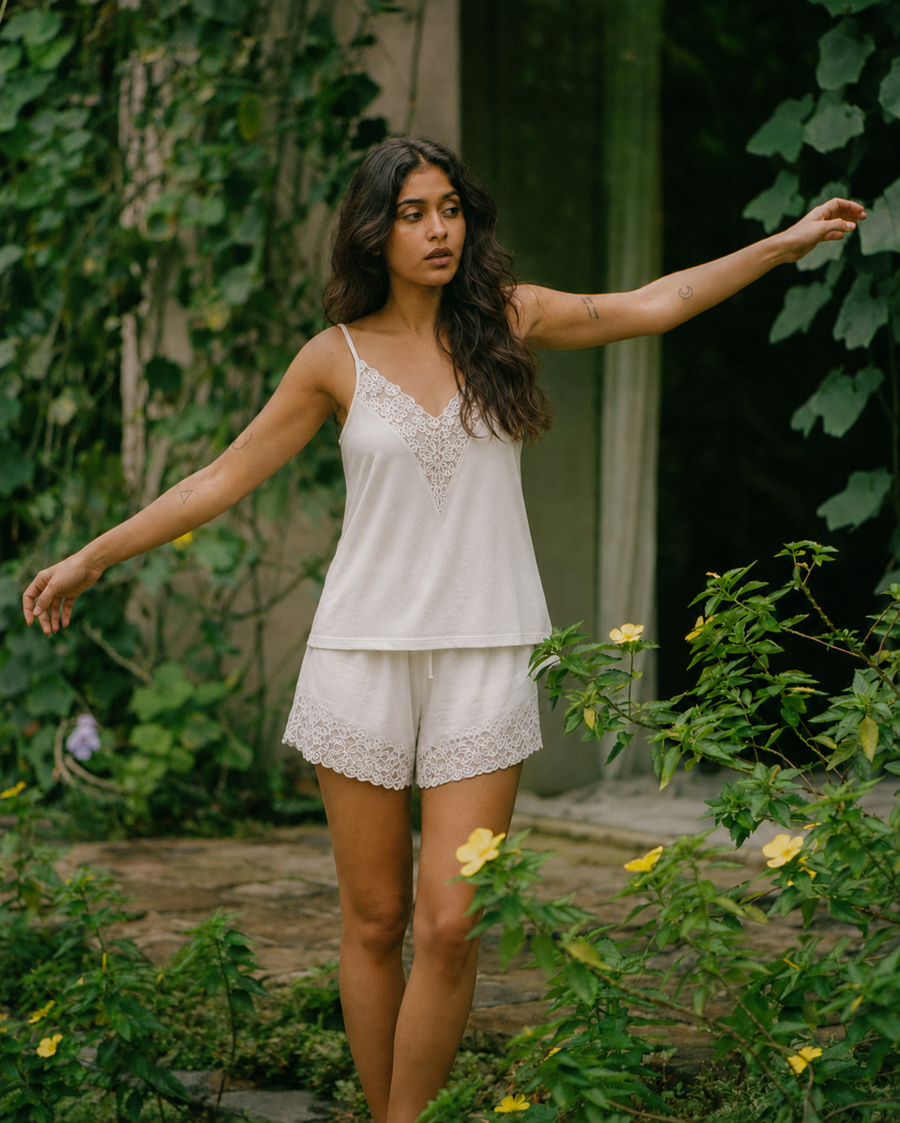 Lace Trim Camisole Set - White